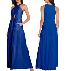 🔥Aidan Mattox Crossover Cut-Out Halter Colbat Blue Gown